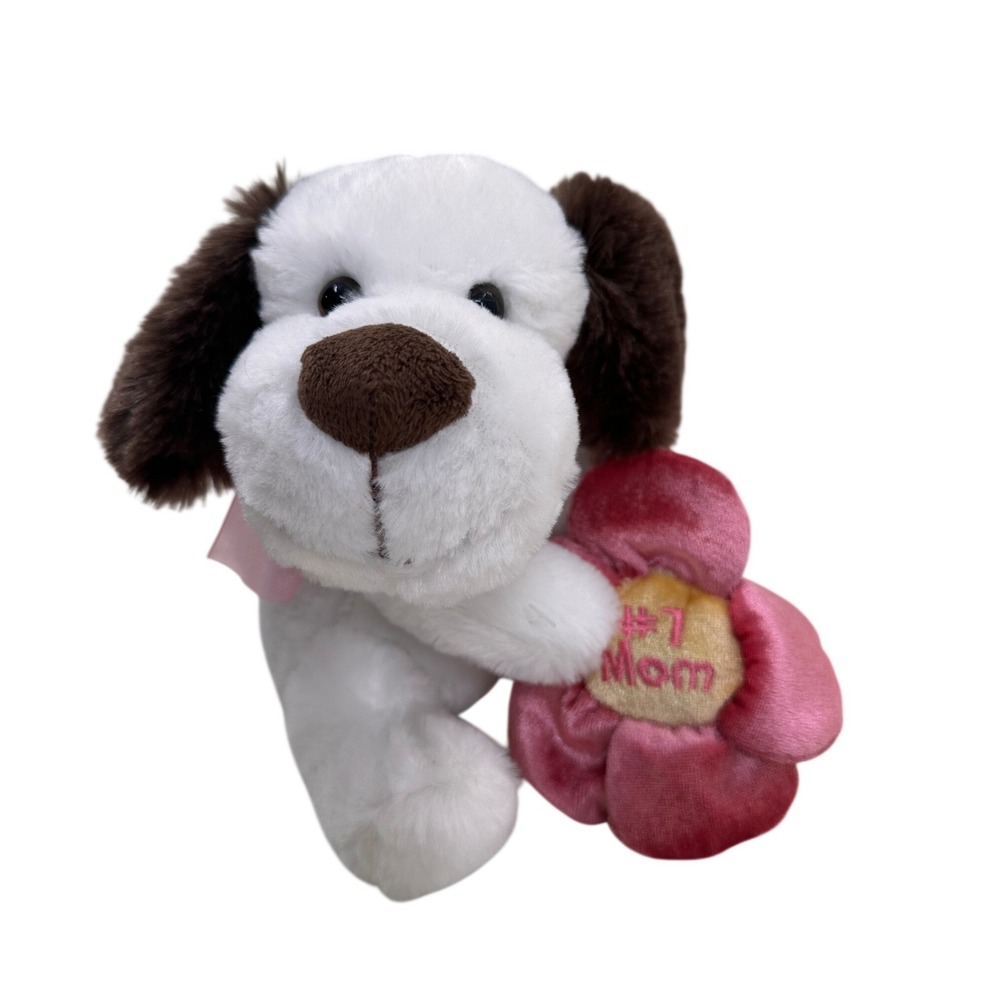 Dan Dee Plush Puppy Dog #1 Mom Flower Stuffed Animal White Brown 8in Kids Gift